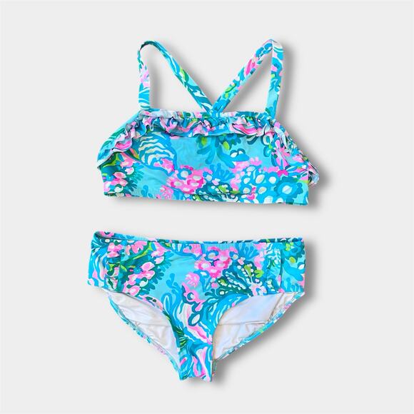 Lilly Pulitzer Girls Caia Bikini Swimsuit Blue Ibiza Aqua La Vista 12 - Picture 1 of 14